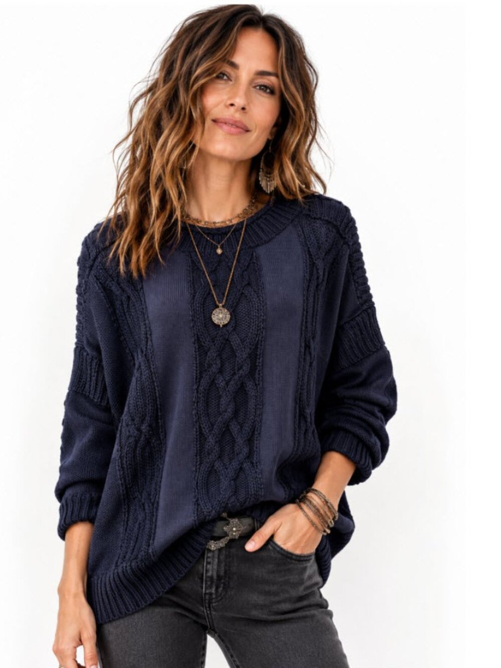 Bird by Juicy Couture Navy Cable Knit Cotton Sweater L Heavyweight